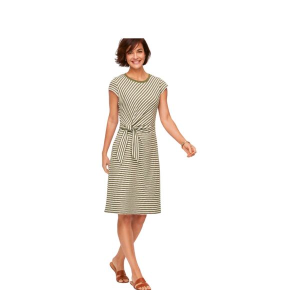 Talbots Green Striped Shift Dress Size 3X Tie Waist Short Sleeve Cotton Casual - Picture 2 of 10